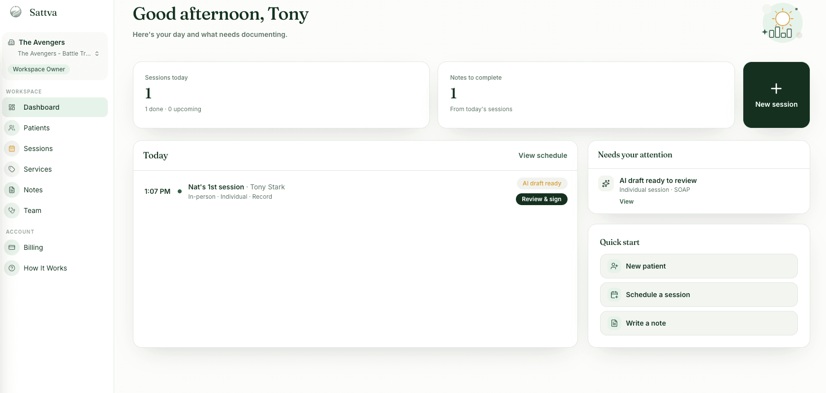 Sattva dashboard showing today's sessions, notes to complete, and an AI draft ready to review