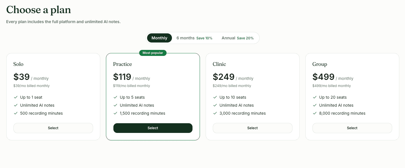 Sattva pricing plans: Solo, Practice, Clinic, and Group